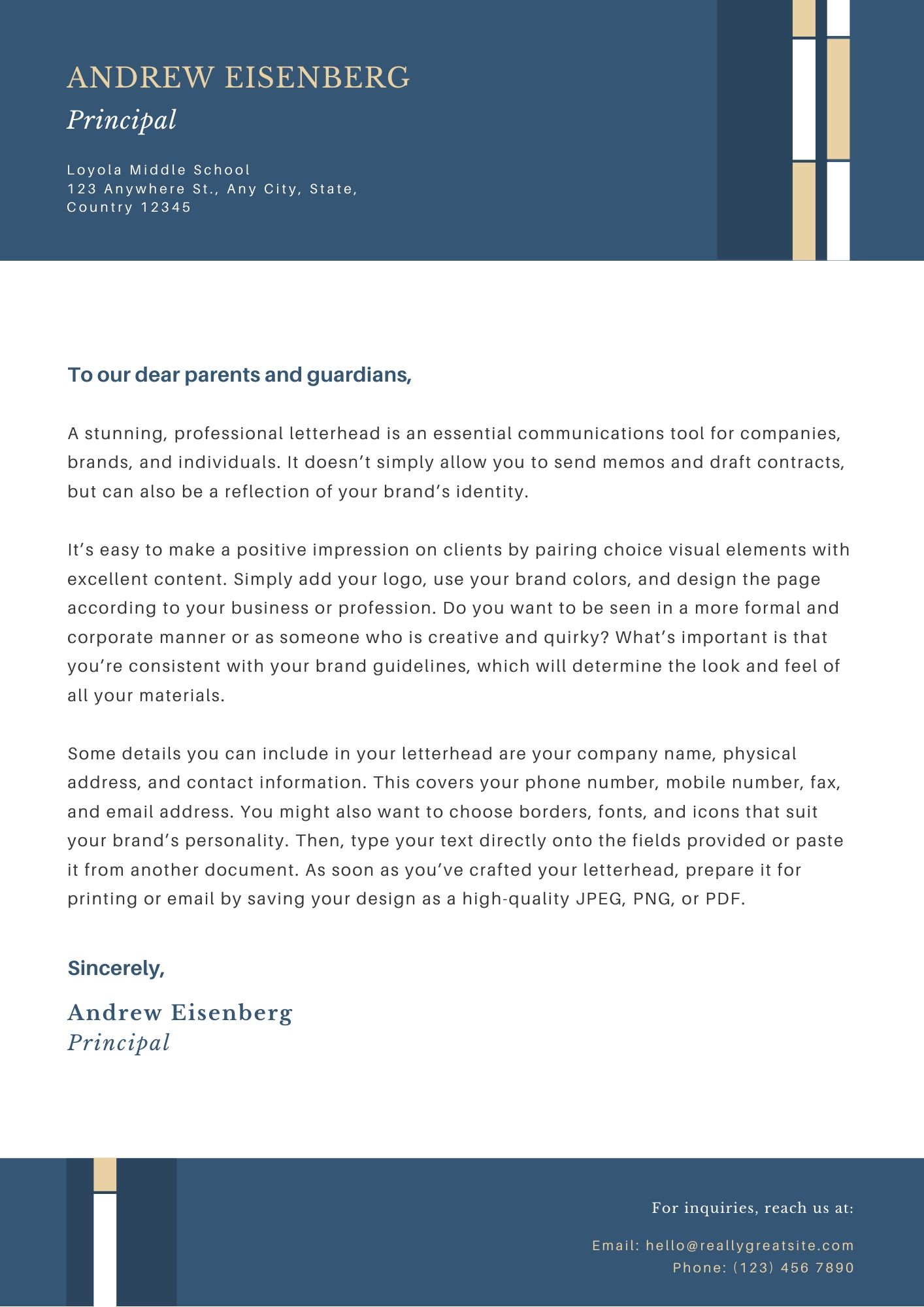 Blue Cream Welcome Letter to Parents School Letters