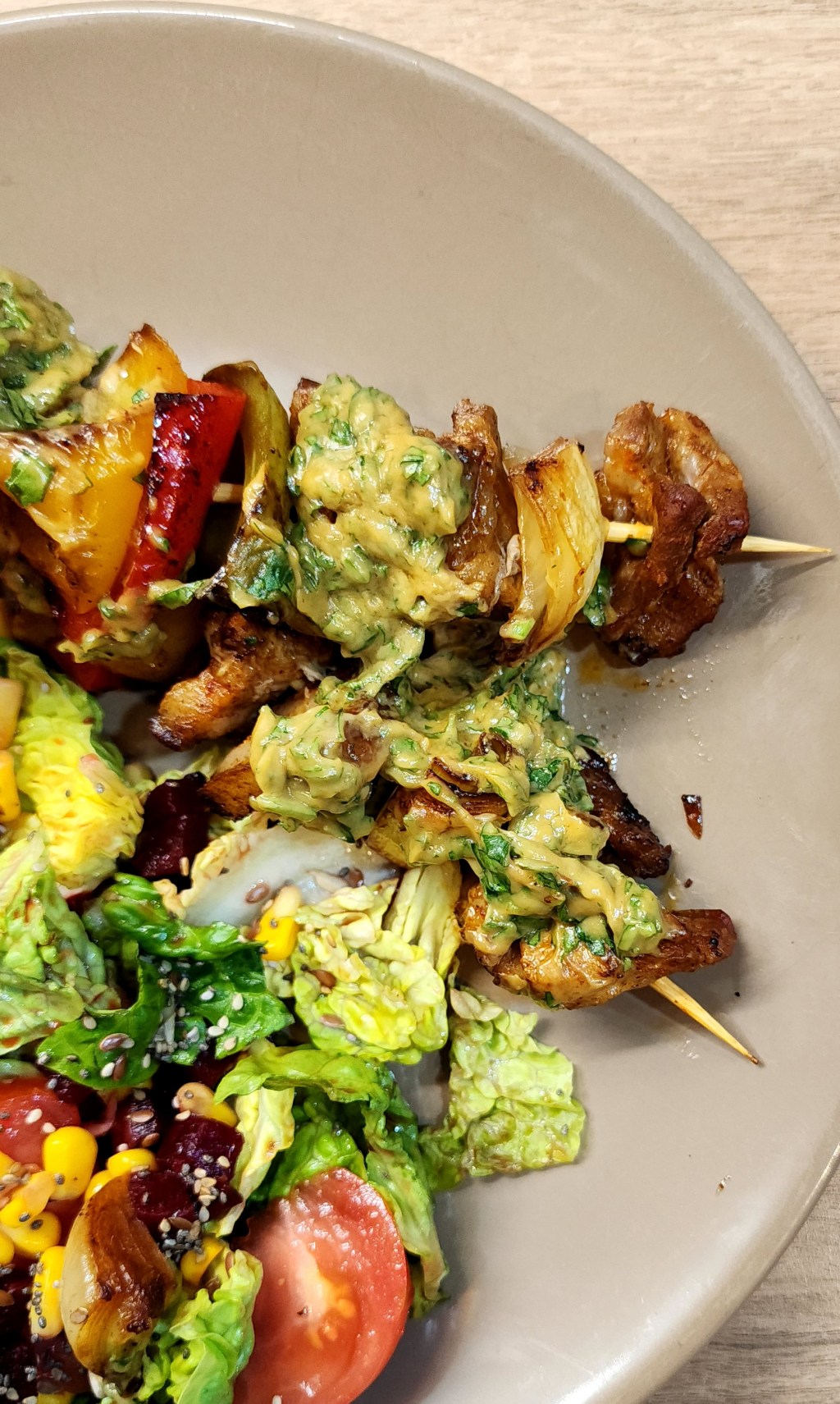 Xiên nướng – BBQ skewers on pan with peanut butter sauce